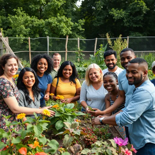 Diverse group of people in a community garden, smiling and interacting