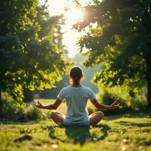 A person in a serene natural setting, meditating, representing renewed vitality and holistic living.